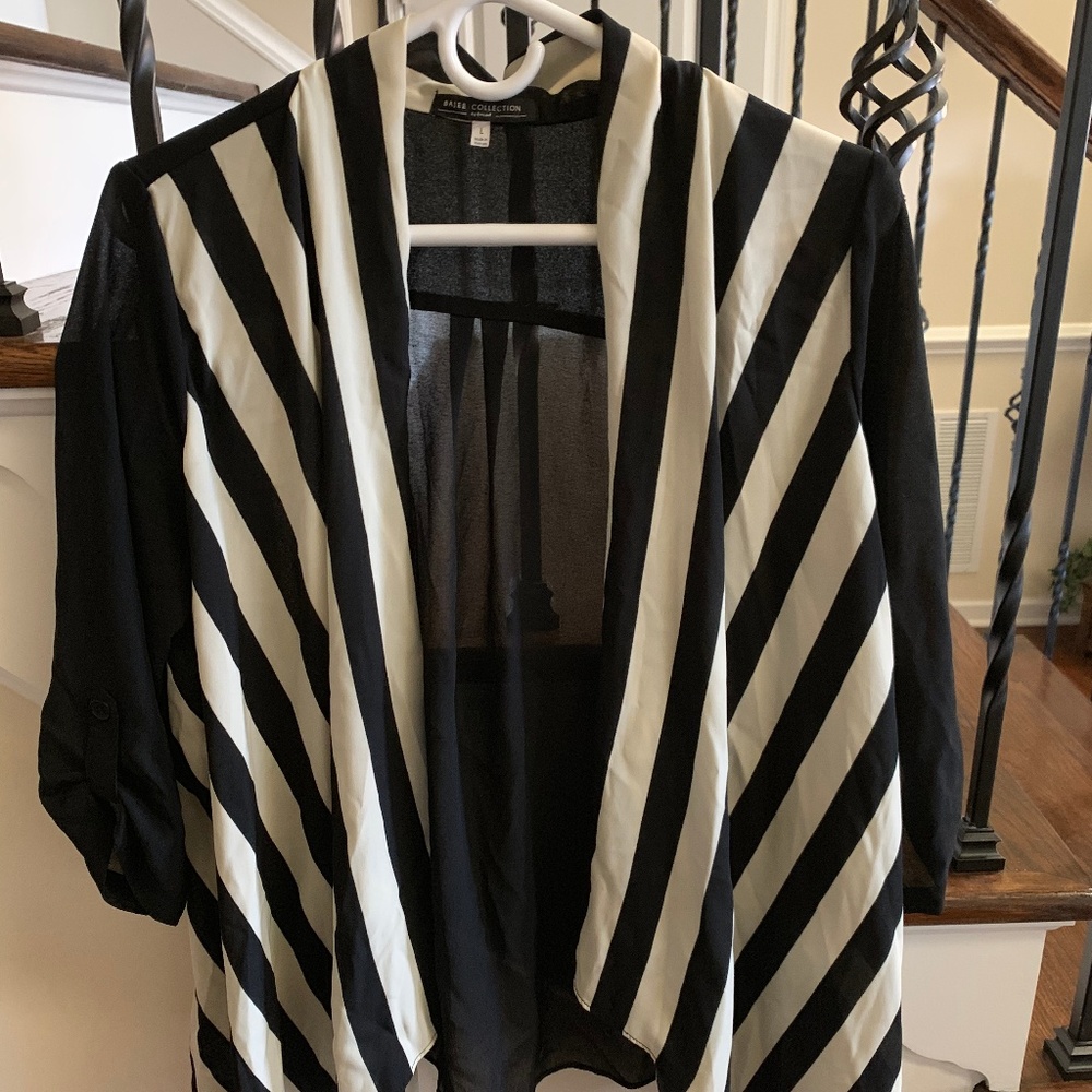 Black and White Striped Open Blouse